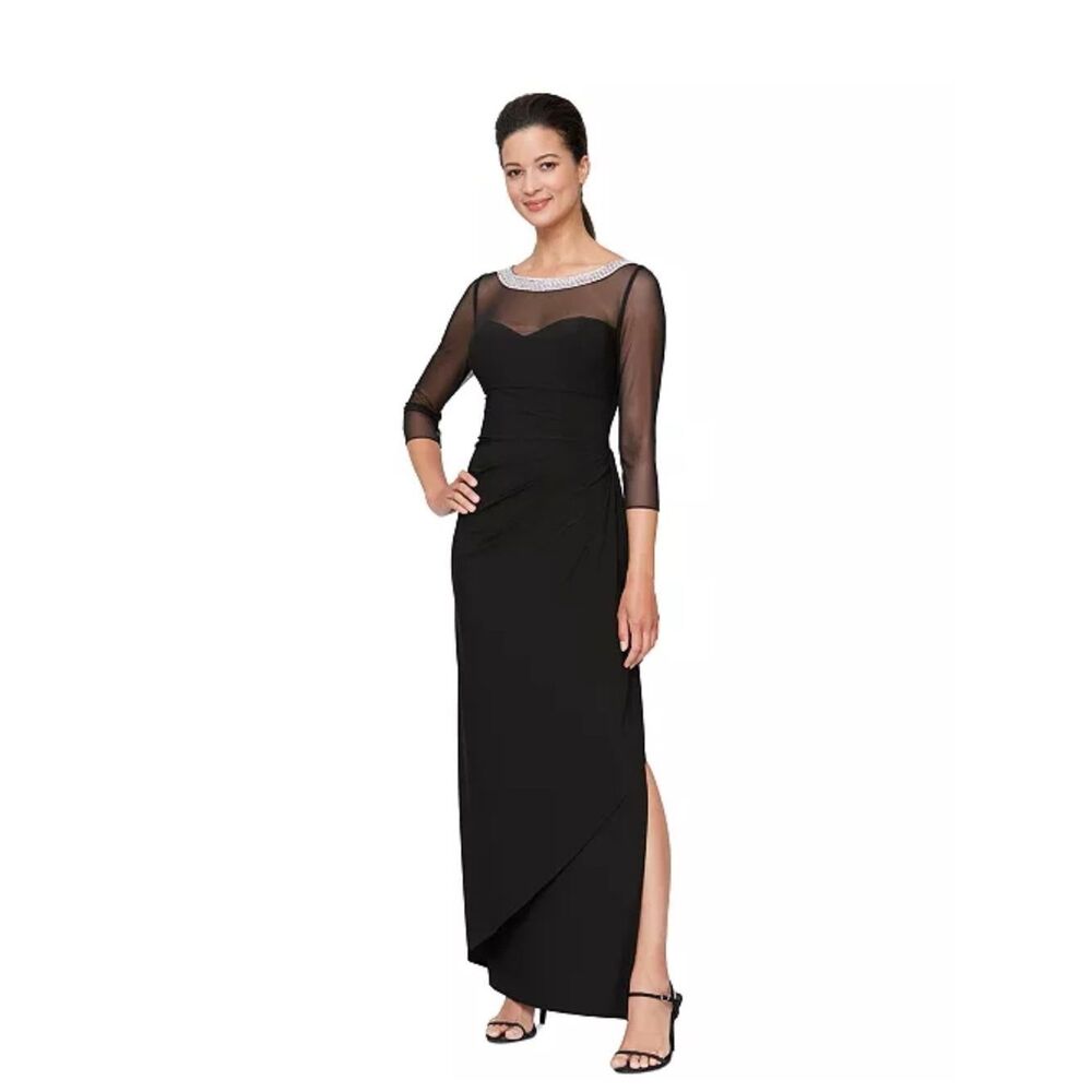 Alex Evenings Illusion Sleeve Ruched Black Beaded Neck Evening Dress/Gown 10